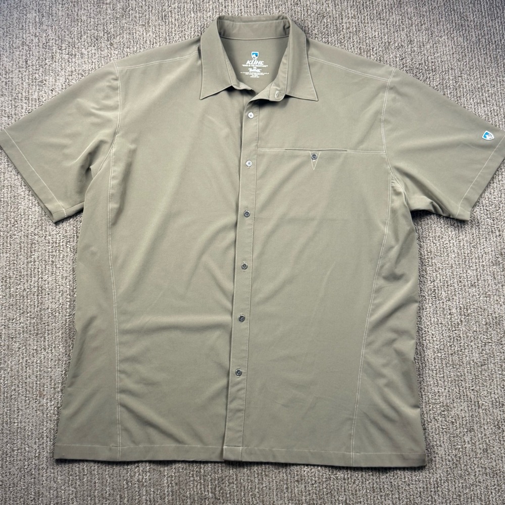 Kuhl Tufflex Shirt Mens XXL Olive Green Short Sleeve Stretch Hiking Button Down